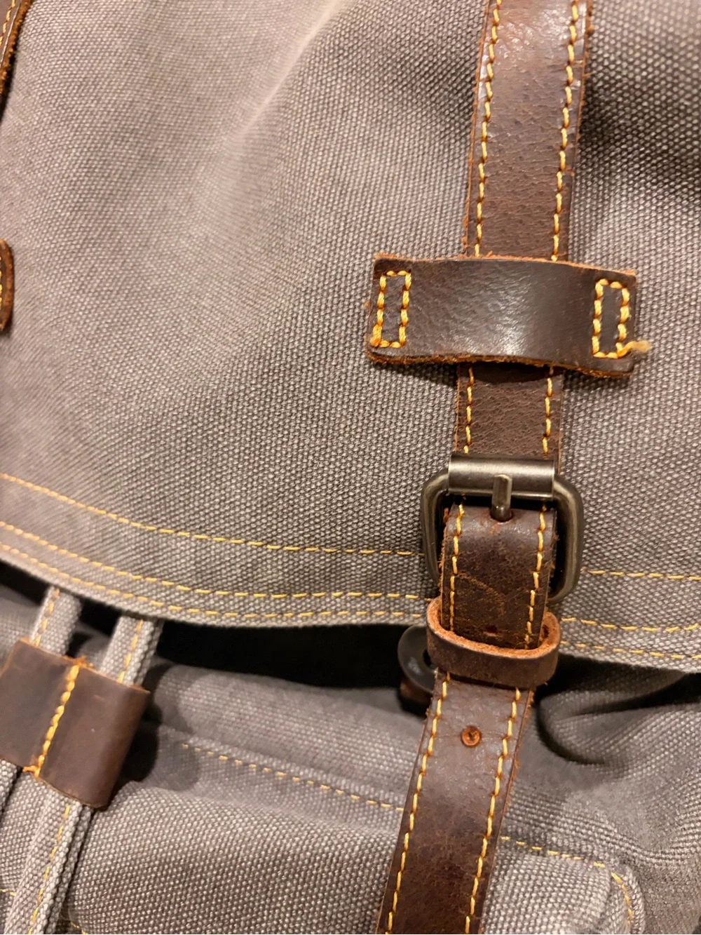 Casual Canvas Backpack with Brown Leather Straps - Gray